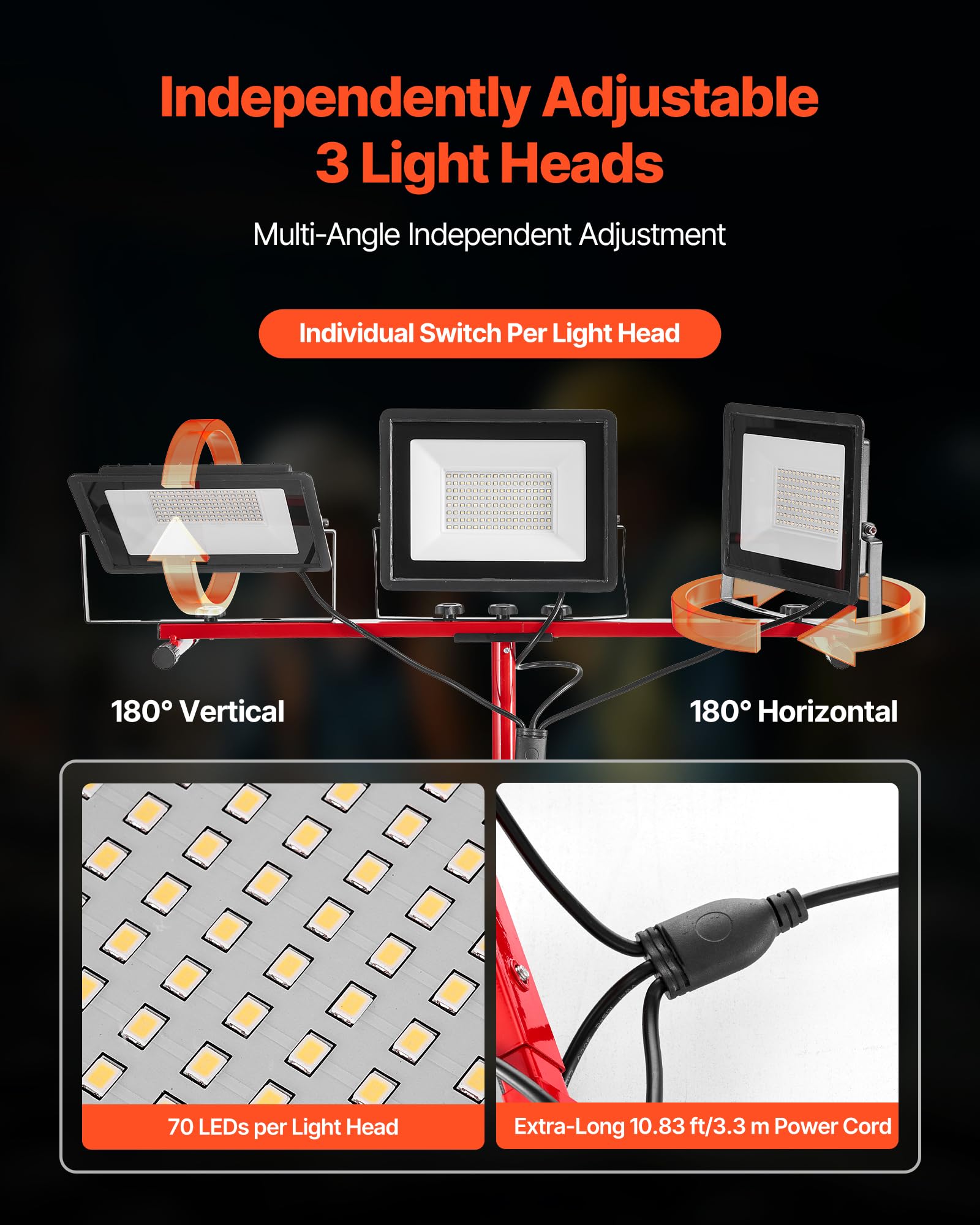 VEVOR Luz de Trabajo LED con Soporte, 15 000 Lúmenes, Luz de 3 Cabezales con Interruptor Individual, Trípode y Cable de Alimentación de 3,3 m para Obras de Construcción, Resistente al Agua IP65