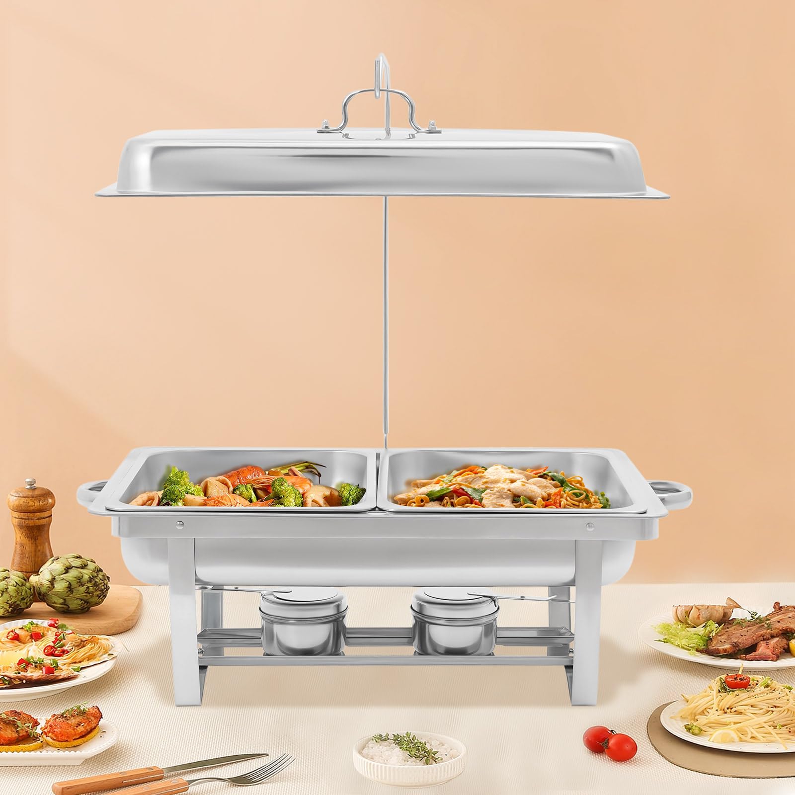 Doppio chafing dish scaldabagno in acciaio inox 410-9L volume totale (2 padelle da 4,5 l), con 2 supporti combustibili e struttura pieghevole, per catering, buffet e feste