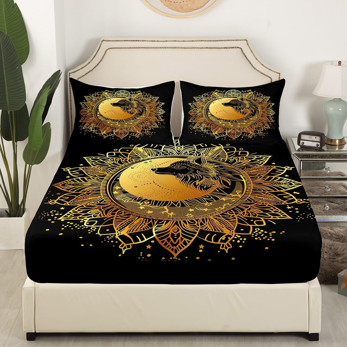 Erosebridal Boho Mandala Bed Sheets Bohemian Flower Fitted Sheet Full Size, Hippie Wolf Print Bedding Black and Gold Sheet, Tribal Ethnic Nordic Bed Cover (Deep Pocket)