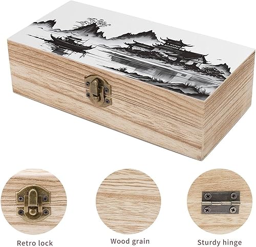 Miniatura 3 de Caja de almacenamiento de madera de paisaje chino con cerradura con bisagras, baúl decorativo hecho a mano, elegantes cajas de decoración retro,