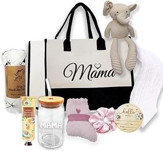 New Mom Gift Basket Care Package | Baby Shower Gift Set for Mom & Baby w/Newborn Essentials | After Labor Hospital Gift Bundle for Expecting Moms | Tote Bag, Swaddle, Burp Cloth, Socks & More
