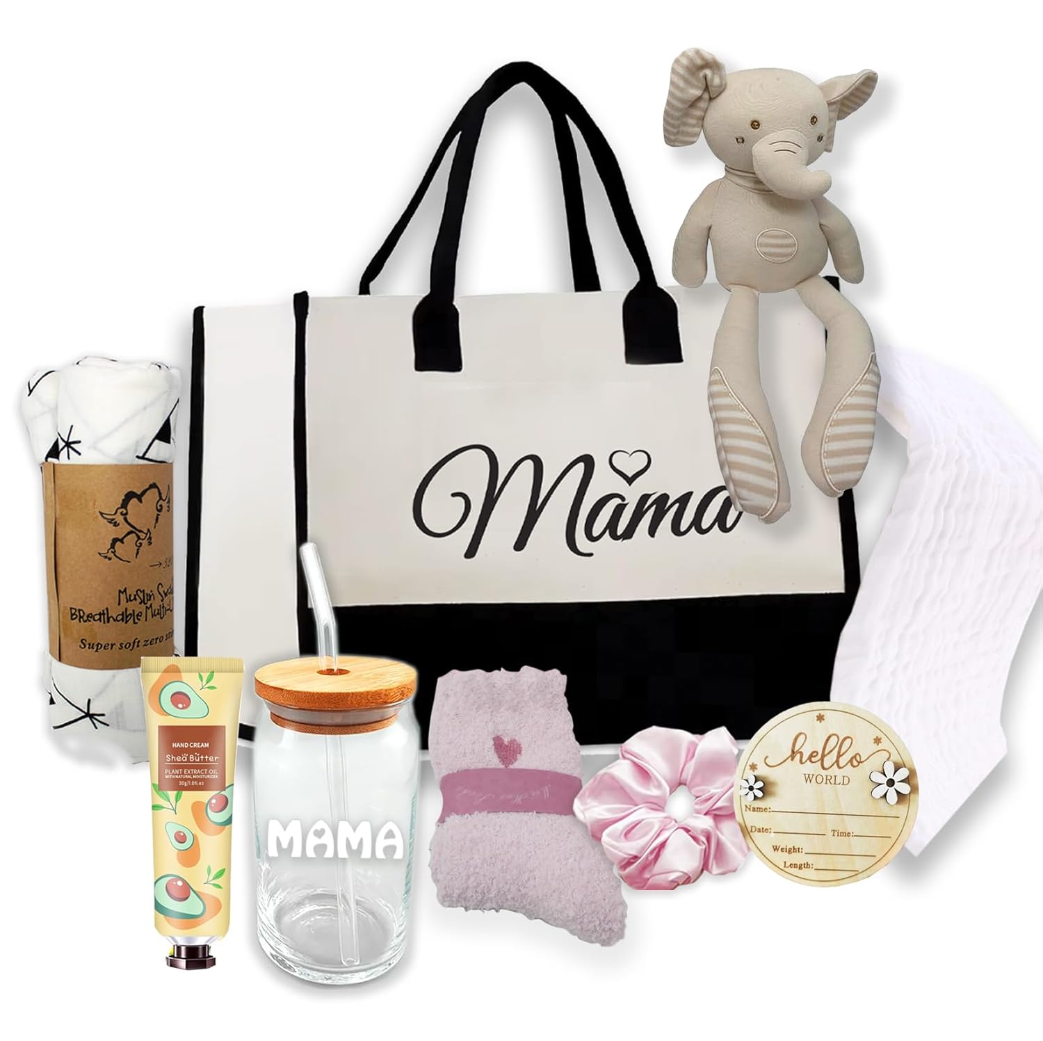 New Mom Gift Basket Care Package | Baby Shower Gift Set for Mom & Baby w/Newborn Essentials | After Labor Hospital Gift Bundle for Expecting Moms | Tote Bag, Swaddle, Burp Cloth, Socks & More