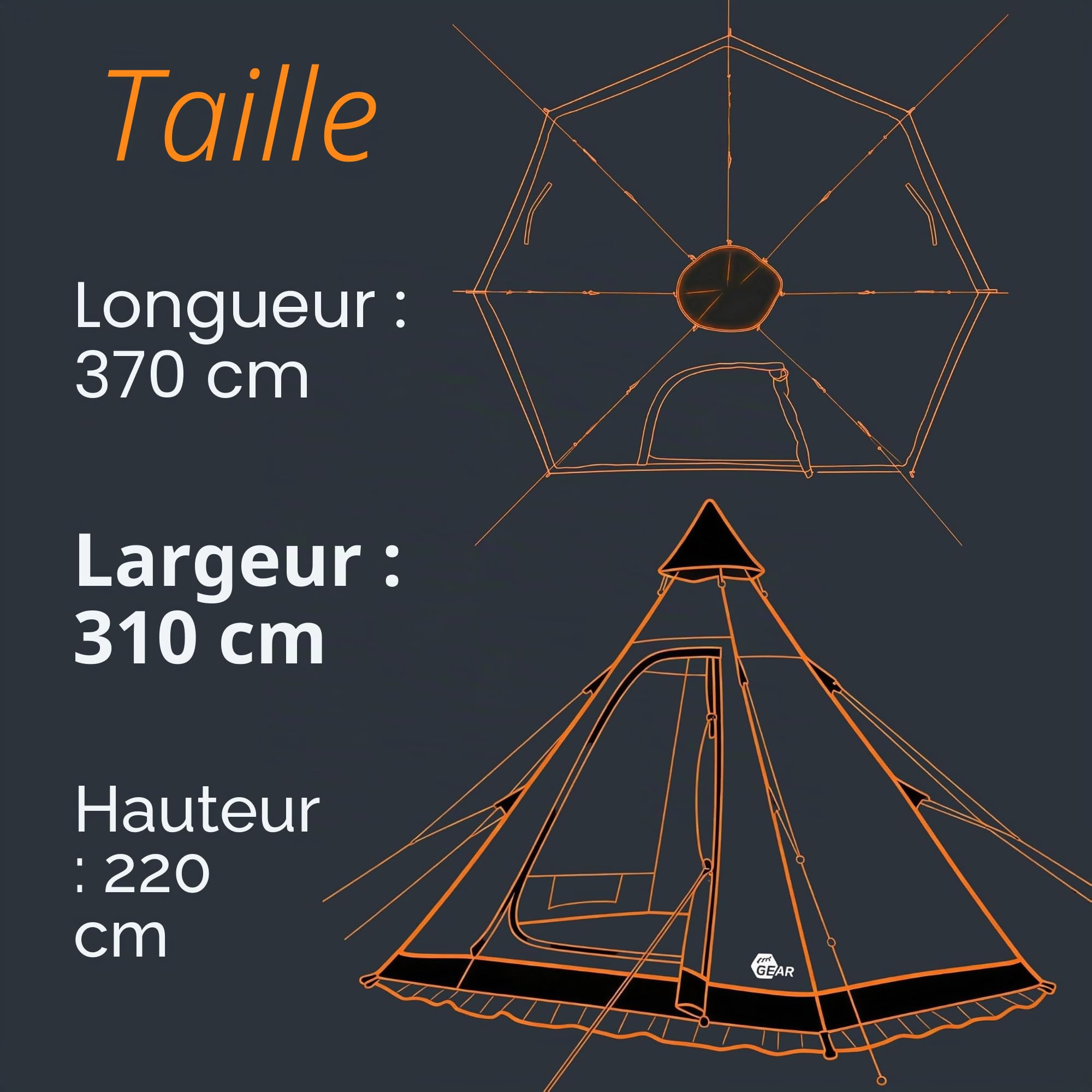 your GEAR Tente tipi Lido pour 3 à 4 personnes - Tente pyramidale avec fond cousu - Tente de camping avec protection UV 50+ et colonne d'eau de 5000 mm - Hauteur debout 220 cm et moustiquaire - Tente