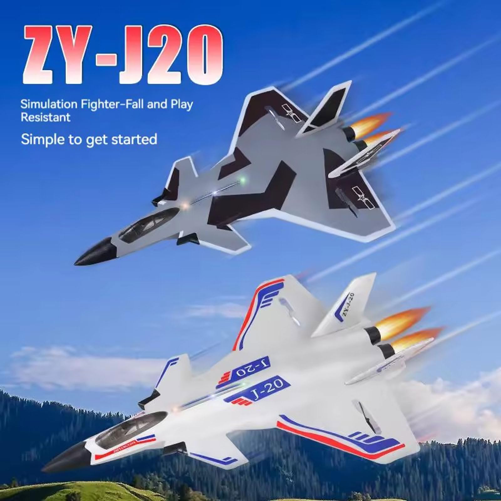 XMFHANG J-20 RC Airplane, 2.4GHz Remote Control Fighter with Gyro Stabilizer LED Light, RC Aircraft Plane for Adults Beginners