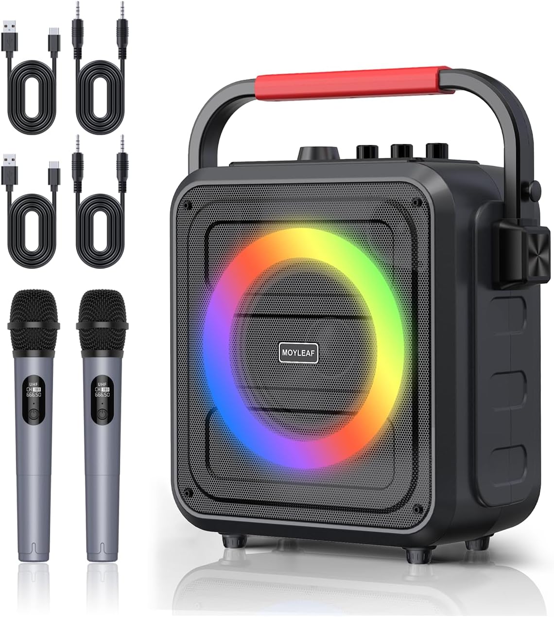 Karaoke Machine for Adults & Kids, Bluetooth Karaoke Speaker with Two Wireless Karaoke Microphones, PA System Speaker Supports TF Card/USB, AUX in, REC, Bass & Treble for Party/Meeting/Adults/Kids Red