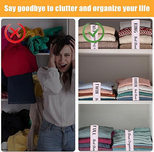 Miniatura 2 de 8 bandas organizadoras de sábanas de cama, correas elásticas para organización de armario, QueenKingTwinFull (borde rosado-King)