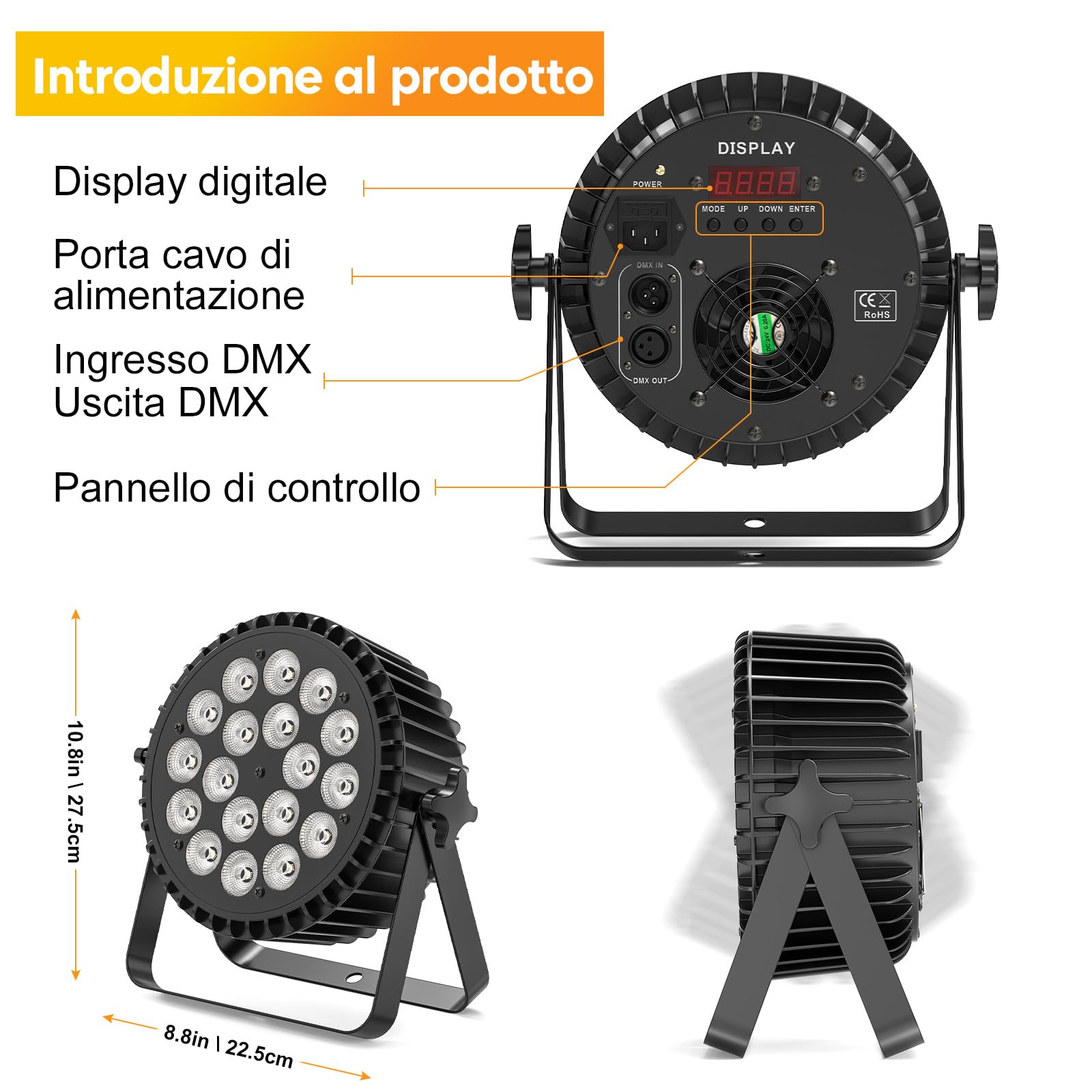 200W Par Luce LED da Palcoscenico 18 4 in 1 Faretto Led RGBW Discoteca per Feste con 8CH/Auto Voce / DMX512, per Feste Club Bar Matrimoni Halloween Natale Grande Banchetto