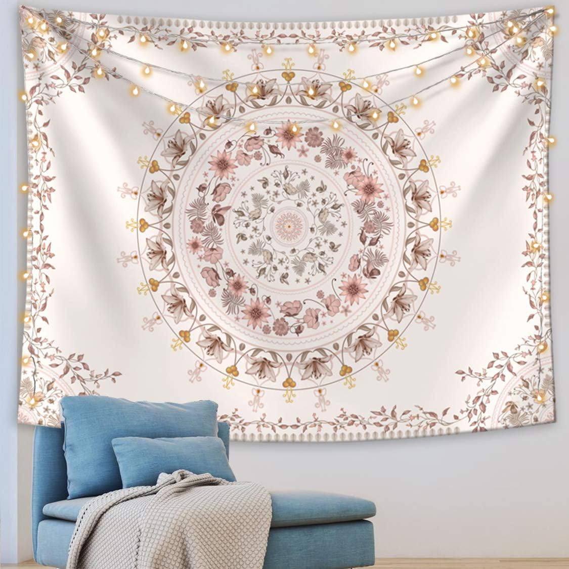 Kanuyee Medallion Tapestry Bohemian Floral Art Tapestries Wall Décor for Dorm Bedroom Home Decor (Pink, 50" x 60")
