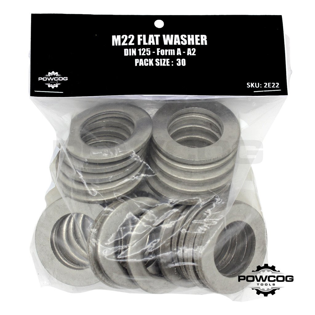 M22 Flat Washer - A2 Stainless Steel Thick Grade 304 Metric Grade - Form A DIN 125 - by POWCOG® - Pack of 30