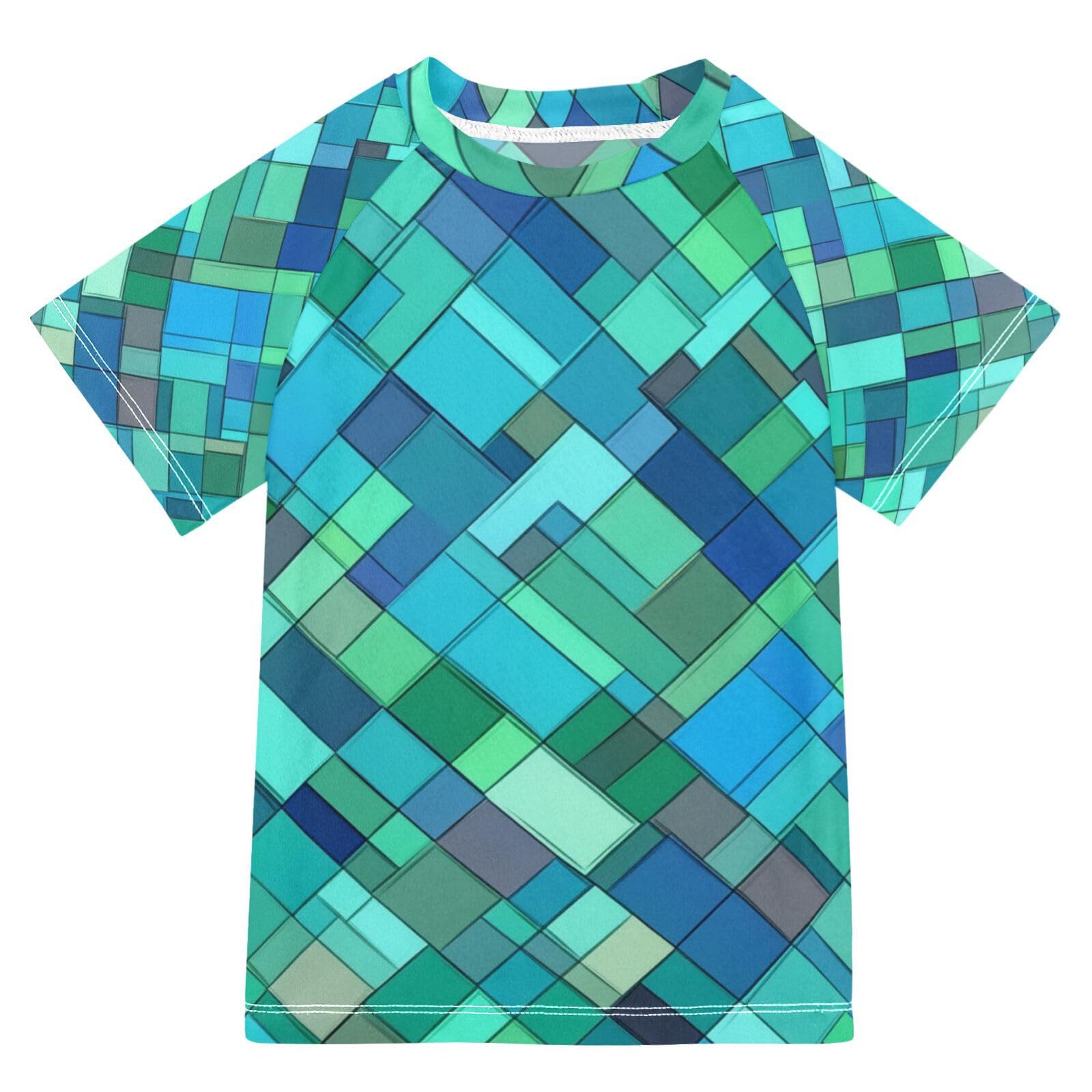 Kids Bathing Suits Boys Short Sleeve Little Girls Swimsuit 4T Rhomboid Turquoise Green