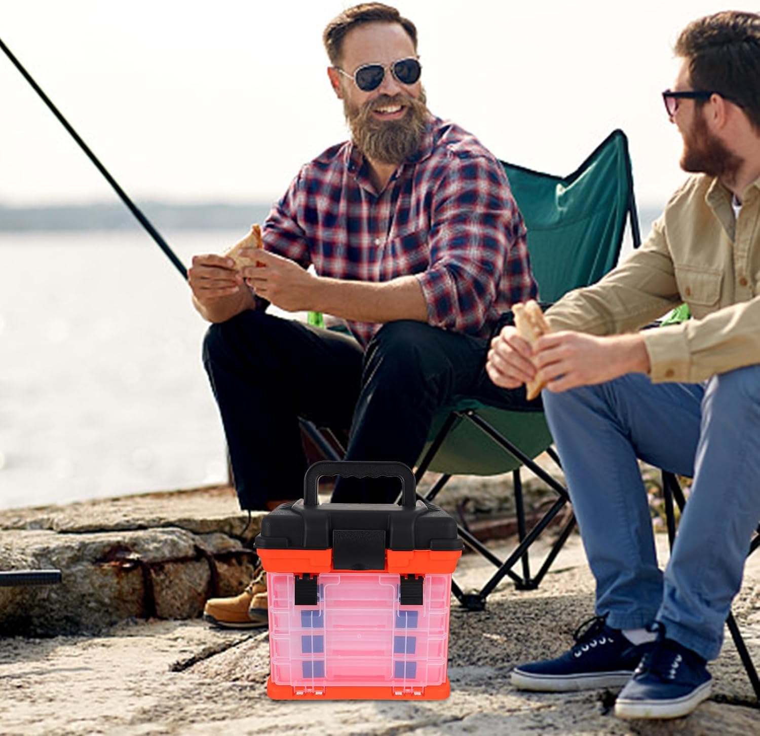 4-layer Large Portable Fishing Tool Box with Seat, Orange Multi-functional Fish Tackle Storage Case for Outdoor Fishing Gear Organization