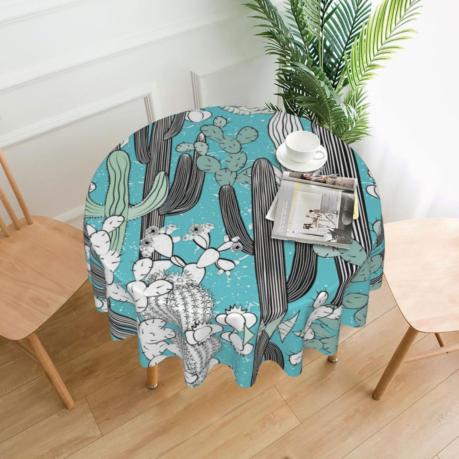 VCzsdff Tropical Plant Cactus Print Stain Resistant Round Tablecloth 60in Family Friendly Polyester Cloth for Kids Meals