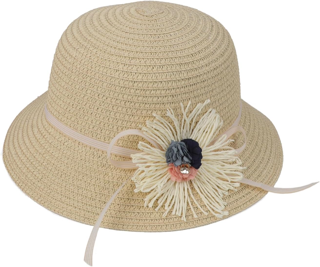 Girls Sweet Lace Bowknot Summer Sunblock Straw Hat with Crossbody Bag Wide Brim Outdoor Beach Sun Protection Bucket Hat