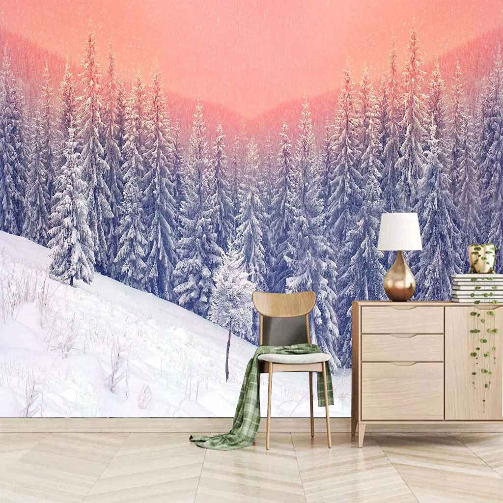 Papier Peint Canevas 3D Forêt d'Hiver Toile Auto-adhésive HD Salon 300x210 cm