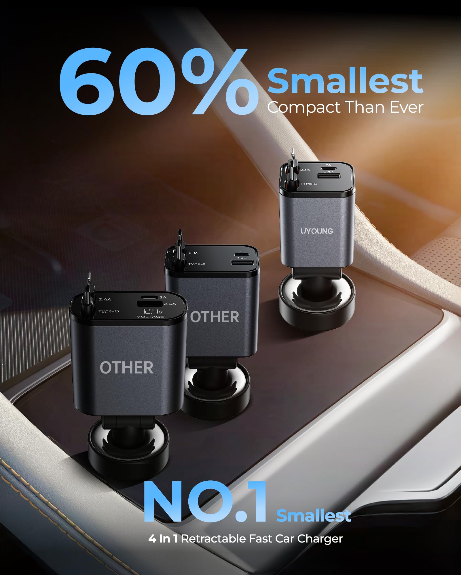 iPhone Car Charger Retractable Fast Phone Chargers, 4 in 1 Car Charger Cigarette Lighter Adapter with 2 Cables 30 Inch and 2 USB Ports, for iPhone 16/15/14/13/Pro, Gifts for Women Men-[Upgraded]