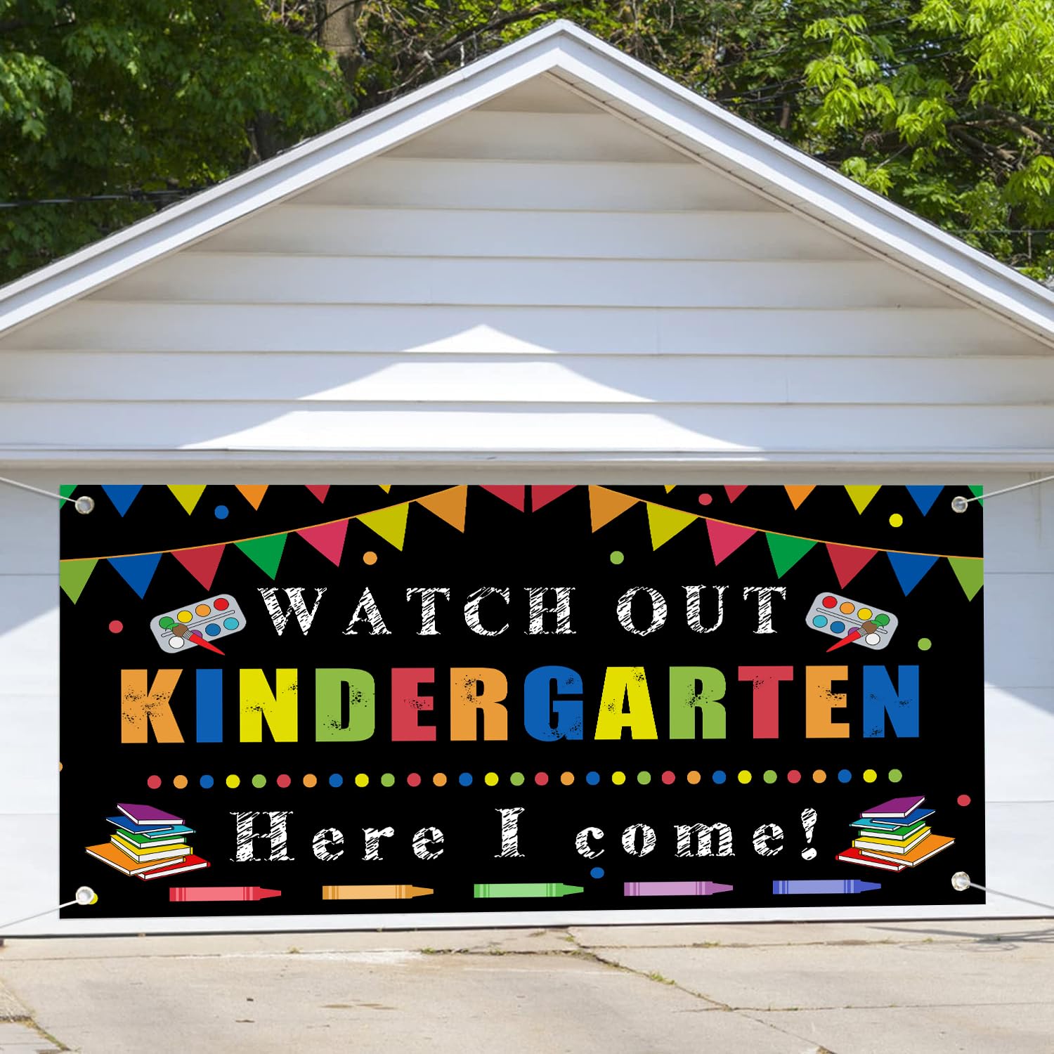 16 x 7 ft Back to School Garage Door Cover, Preschool First Day of School Backdrop Watch Out Here I Come Kids Student Garage Door Decoration
