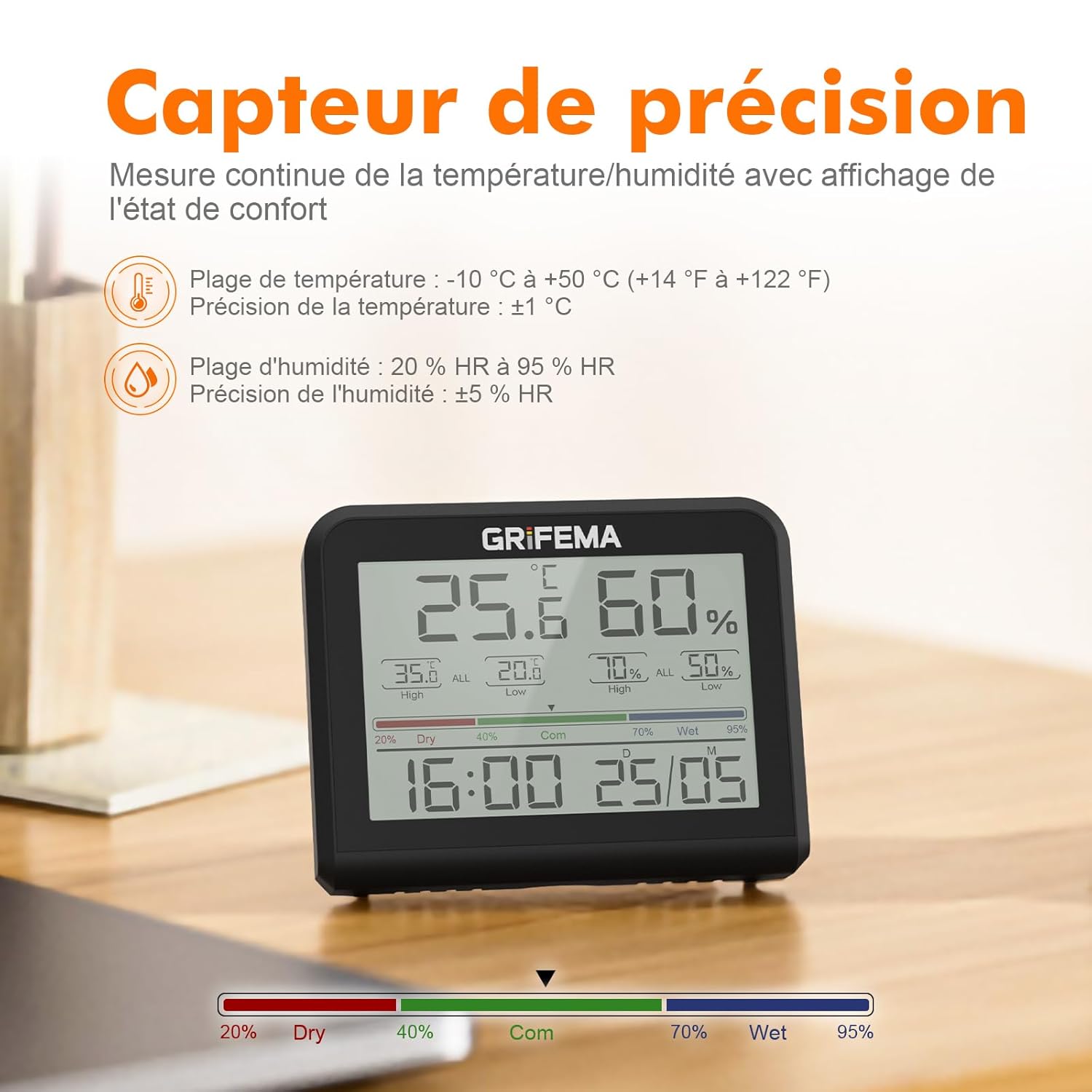 GRIFEMA GA2901B Digital Thermo-Hygrometer, Indoor Thermometer Hygrometer, Digital Moisture Meter with Backlight, Weather Station, Ideal for Home/Greenhouse, Black