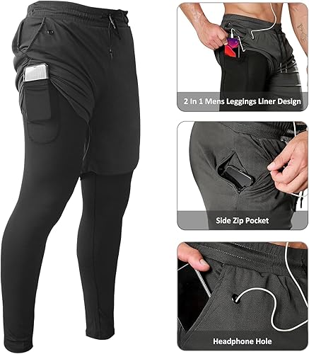 Miniatura 3 de OEBLD Pantalones deportivos 2 en 1 para hombre, de secado rápido, pantalones cortos de entrenamiento para gimnasio, pantalones de compresión