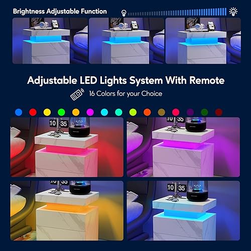 Miniatura 3 de Mesitas de noche LED, mesa auxiliar moderna con 2 cajones, muebles de dormitorio LED para dormitorio y sala de estar, patrón de mármol blanco