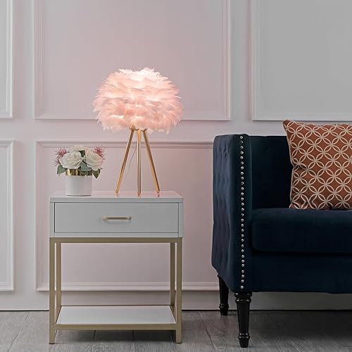 Miniatura 3 de Lámpara de plumas rosadas, lámpara de trípode para dormitorio de niñas, sala de estar, decoración estética, lámpara de escritorio, lámparas de noche