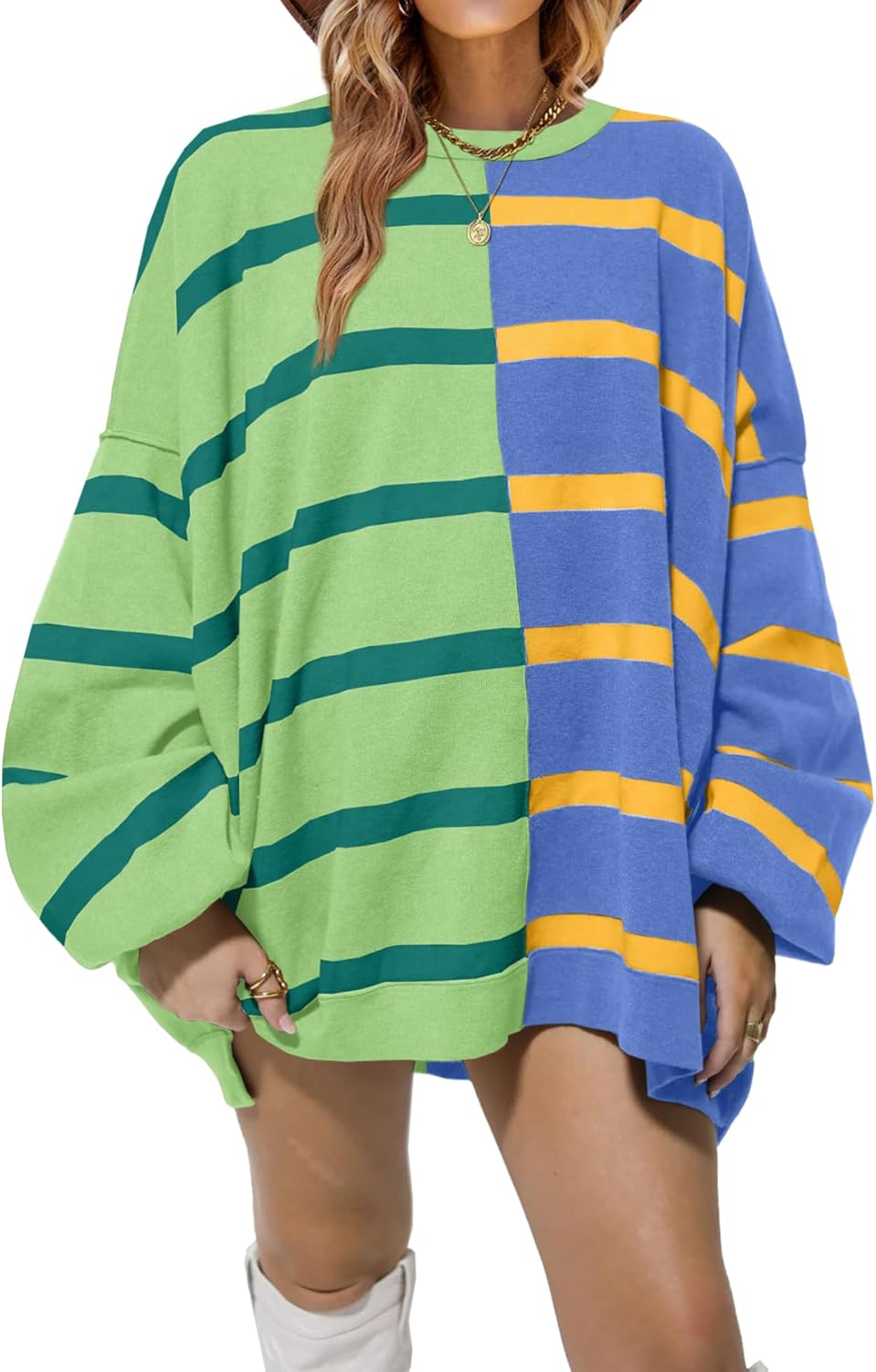 Fisoew Womens Striped Pullover Sweater Crew Neck Long Sleeve Knitted Color Block Casual Loose Lightweight Sweaters for Women