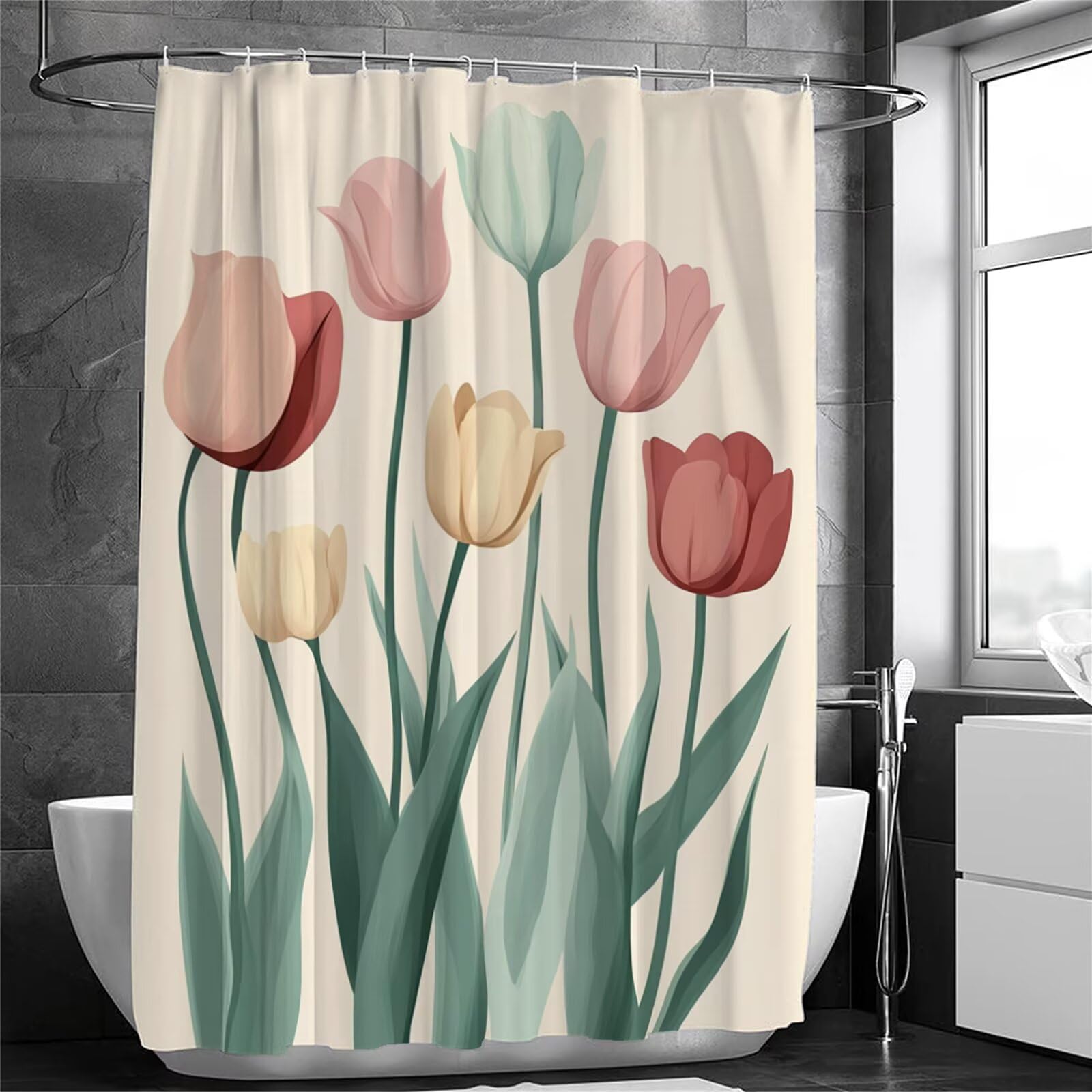 Kolorowa zasłona prysznicowa 200 x 240 cm, bardzo długa zasłona prysznicowa do łazienki, tulipanowa, wodoodporna, z haczykami i obciążonym obszyciem, nadaje się do prania, szybkoschnąca, na wszystkie
