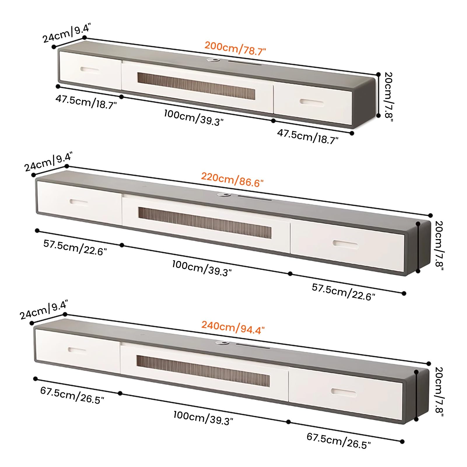 Mobile TV sospeso Bianco Moderno, consolle multimediale a Parete con cassetti, Gestione dei Cavi, Centro di intrattenimento in Legno massello, Elegante ripiano Porta TV (Naturale-A, 240x24x2
