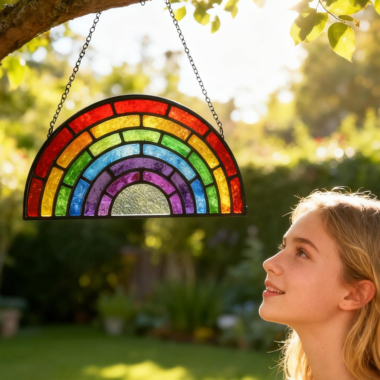 Stained Glass Window Hanging, Rainbow Suncatcher Valentines Day Gifts for Friend Women and Men, Rainbow Glass Hanging Ornaments, Ideal Gifts