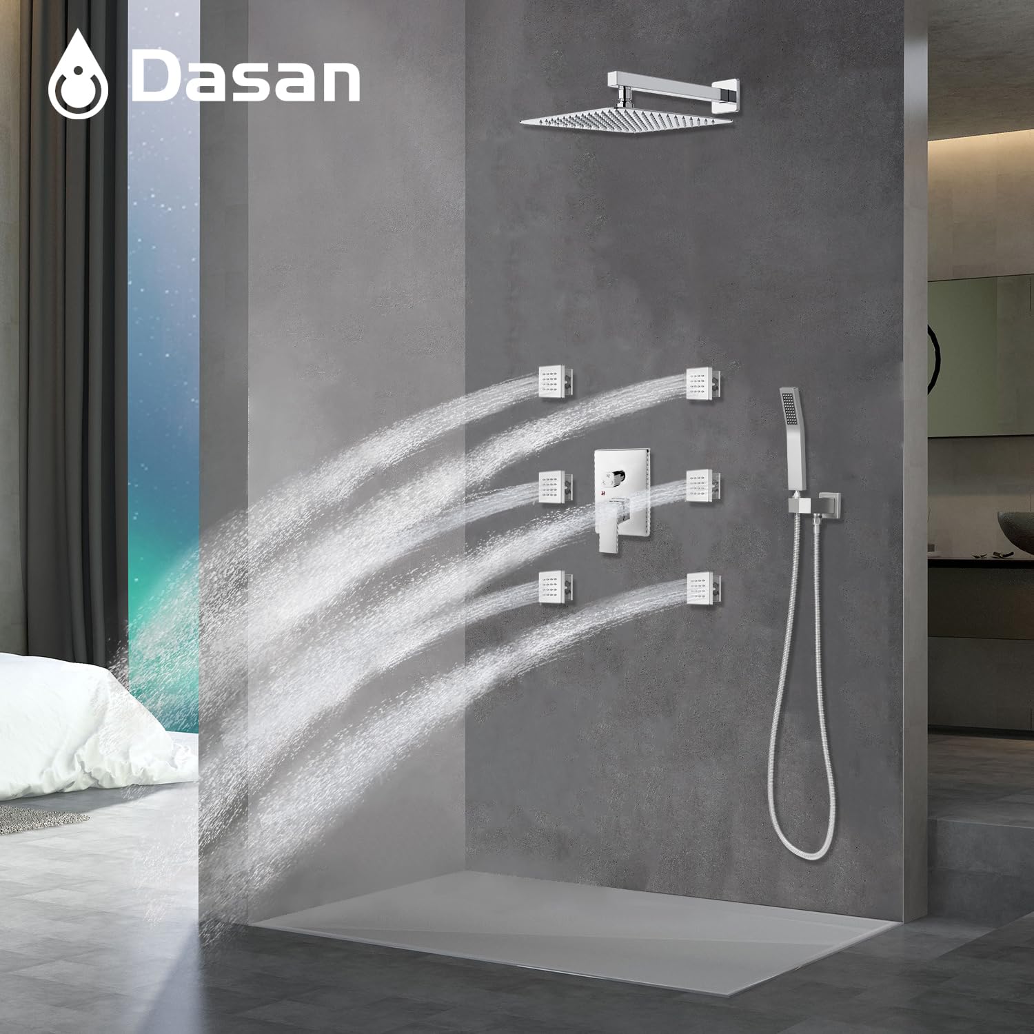 Dasan Duales Duschkopf-System – Gebürstetes Nickel, 30,5 Cm Regendusche & 15,2 Cm Handbrause, 3-in-1, Verbrühungssicher