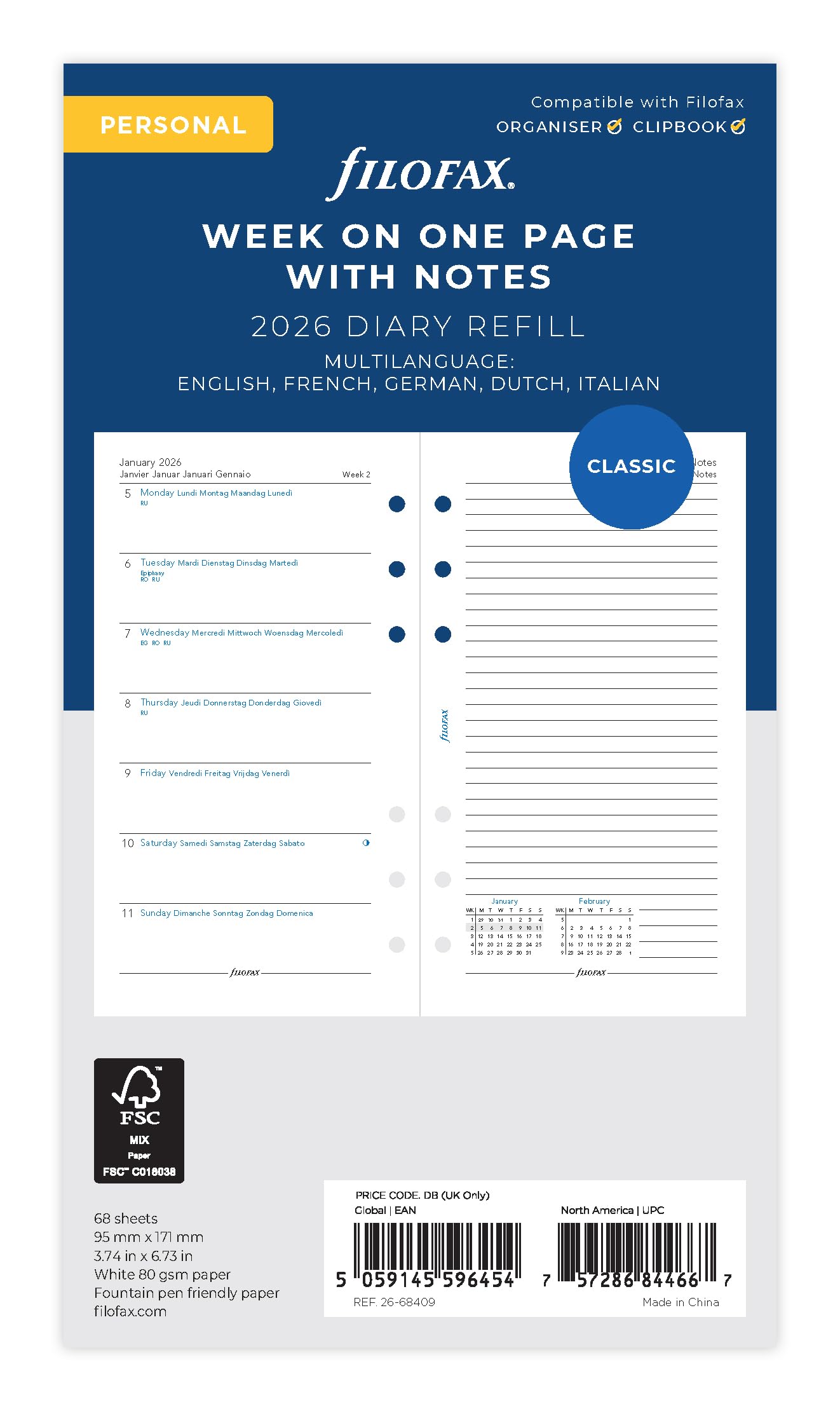 Filofax Personal week per page with notes 5 language 2026 diary 26-68409, White, 95 x 171 mm