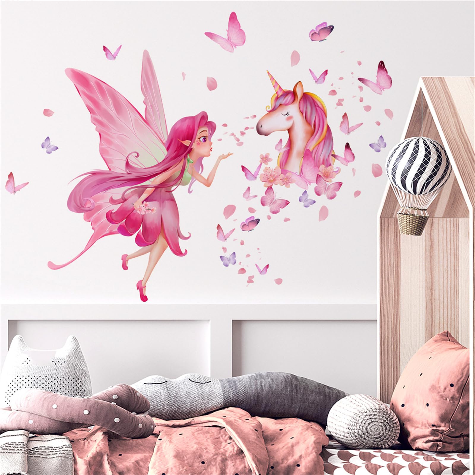 Fairy Unicorn Wall Stickers for Girls Bedroom Peel and Stick Pink Fairy & Unicorn Wall Decals with Butterflies - Image 3