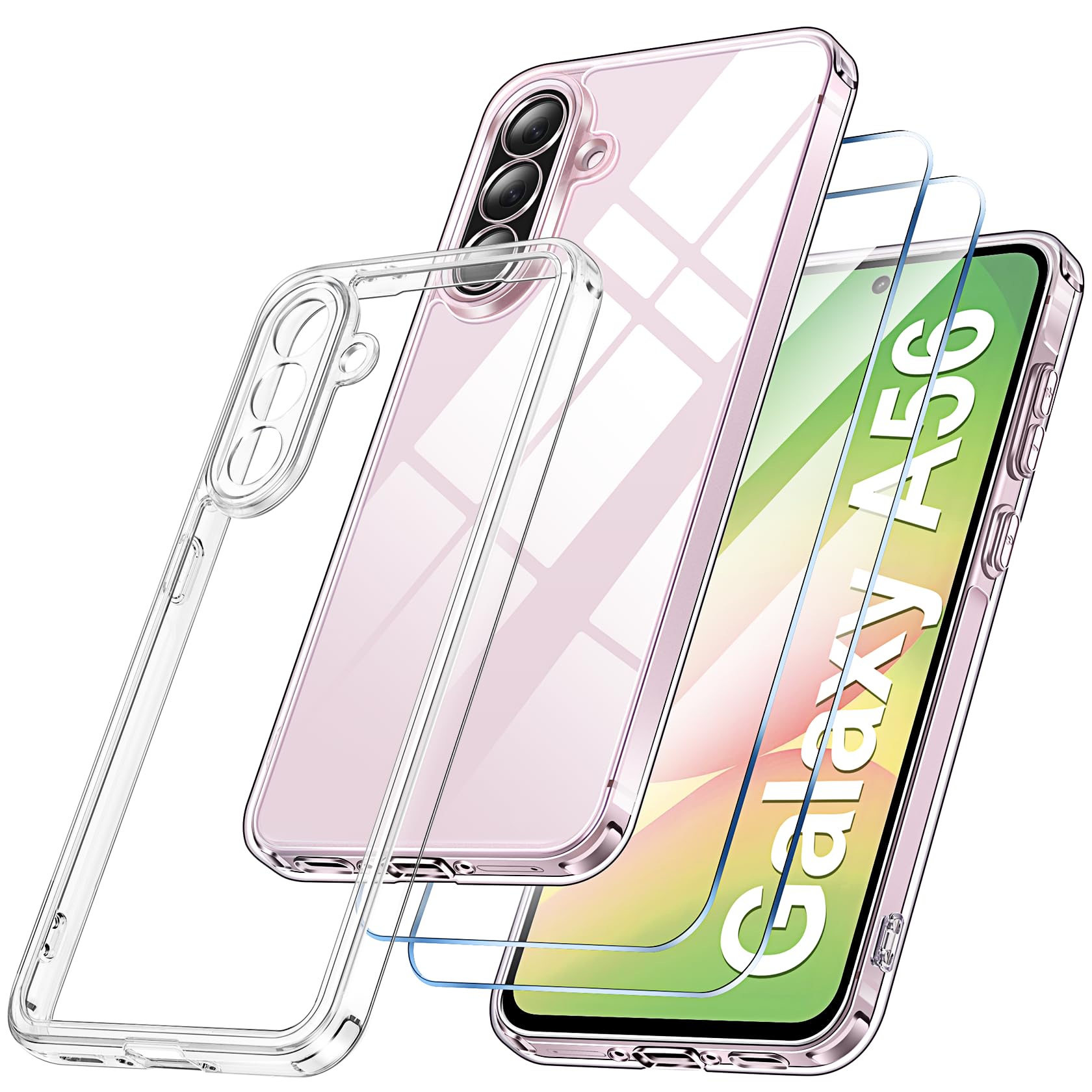 Qasyfanc Mobile Phone Case Compatible with Samsung Galaxy A56 5G Case with Camera Protection and 2 Pieces Screen Protector, Hard PC, Never Yellowing Case, Transparent, Military Protection, Drop