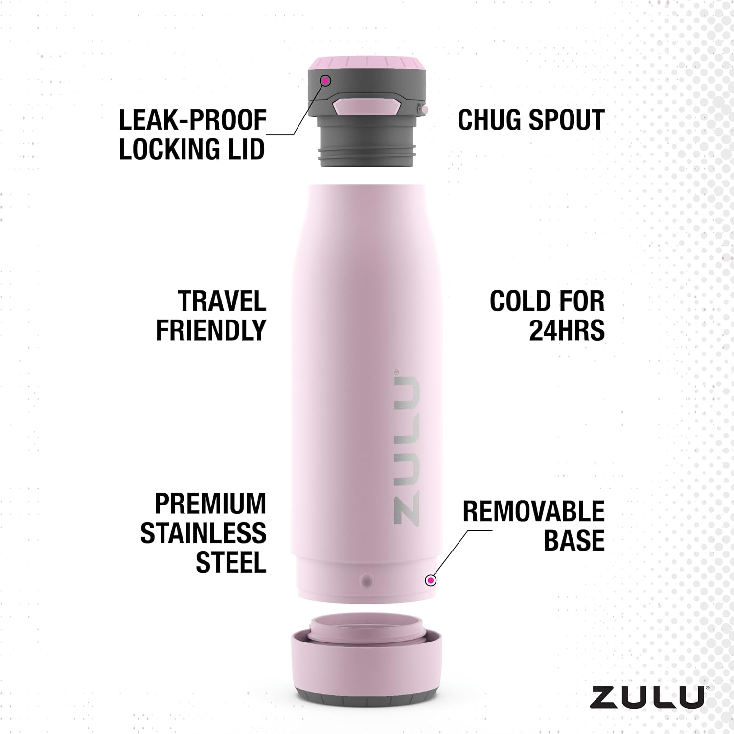 ZULU Ace Vacuum Insulated Stainless Steel Water Bottle with Chug Spout, Leak-Proof Locking Lid and Removable Base for School, Backpack, Sports, Gym, Travel