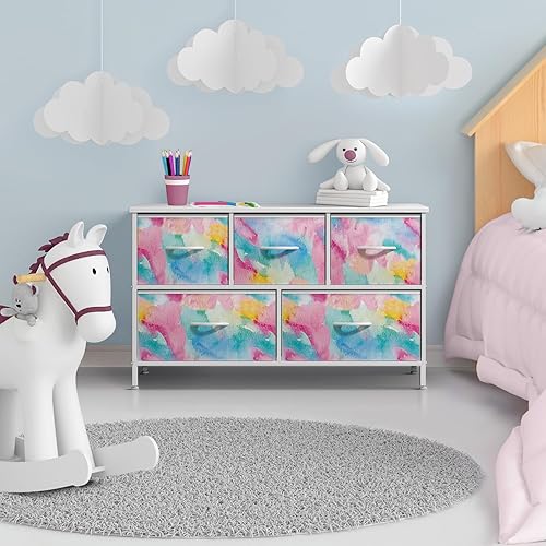 Miniatura 6 de Sorbus Cómoda para niños con 5 cajones, unidad organizadora de baúl de almacenamiento con marco de acero, parte superior de madera, contenedores de