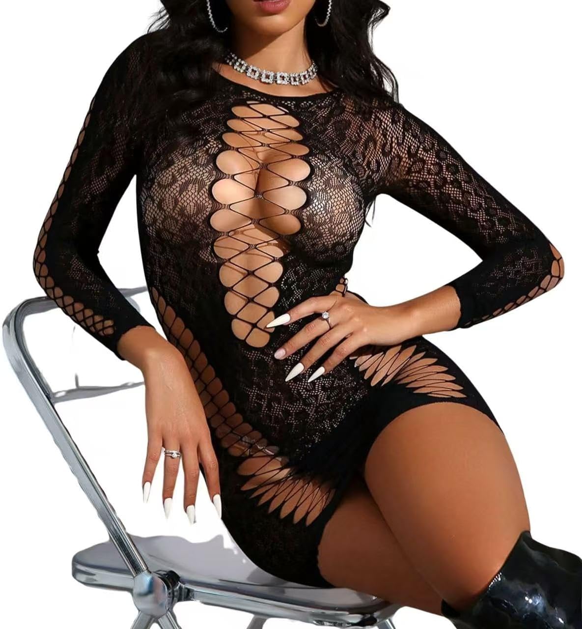 Women's Long Sleeve Fishnet Teddy - Sexy Animal Print Bodysuit for Valentine's Day & Boudoir (Black, One Size)