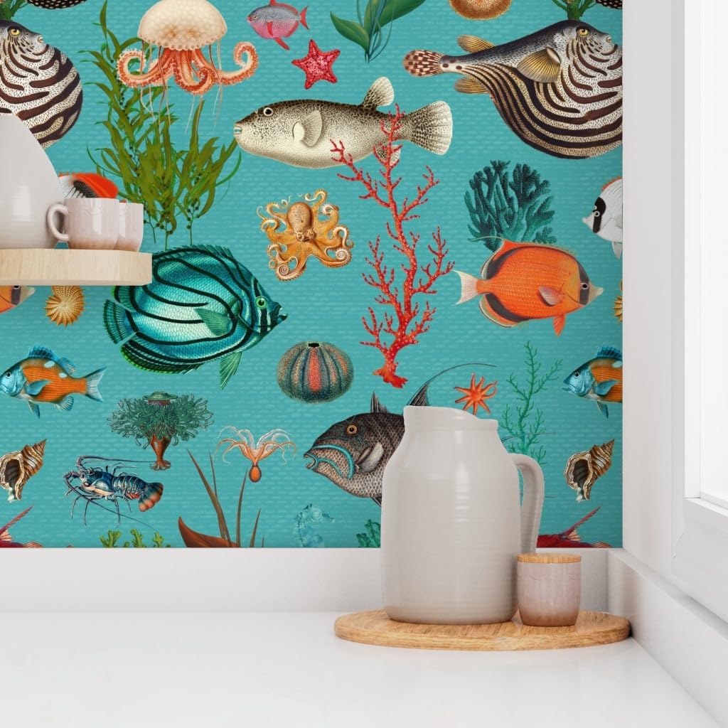 Peel & Stick Wallpaper 3ft x 2ft - Fish Underwater Teal Blue Animals Custom Removable Wallpaper by Spoonflower