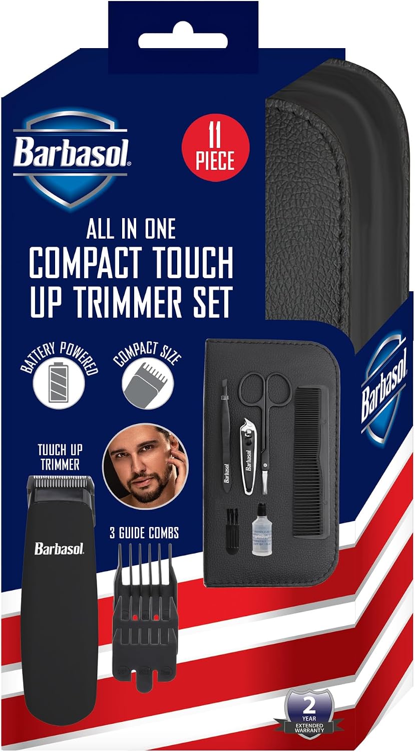 Barbasol Grooming Kit for Men, 11 Piece Men’s Grooming and Manicure Travel Set, includes Trimmer Clippers, 3 Clipper Guards, Nail Clippers, Cuticle Scissors, Tweezers, Comb and More, Black