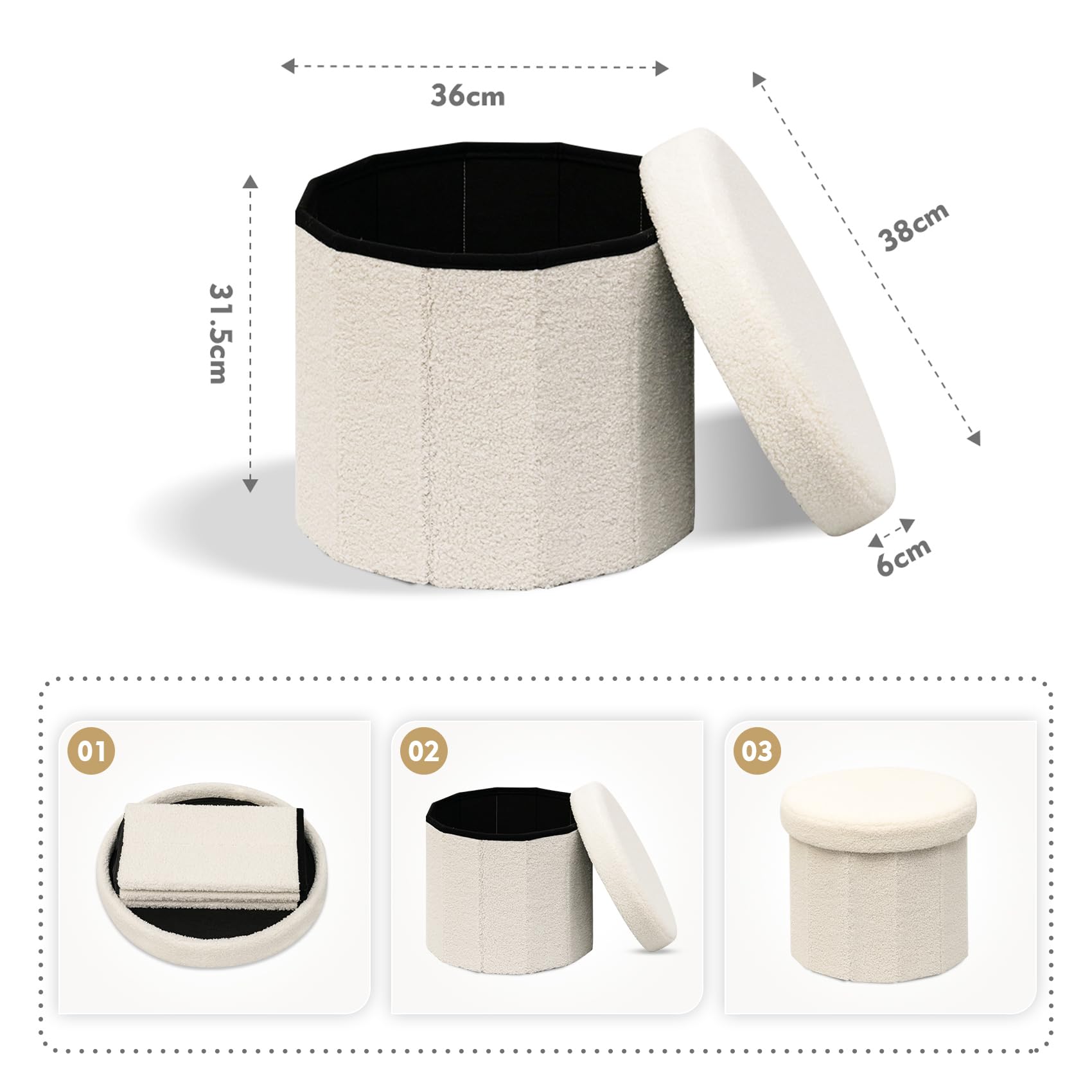 Bonlife Sitzbank mit Stauraum, klappbare Sitztruhe, Aufbewahrungsbox, Fußbank,Liebe，für Schlafzimmer Wohnzimmer Flur，Weiß，38x38x38 cm
