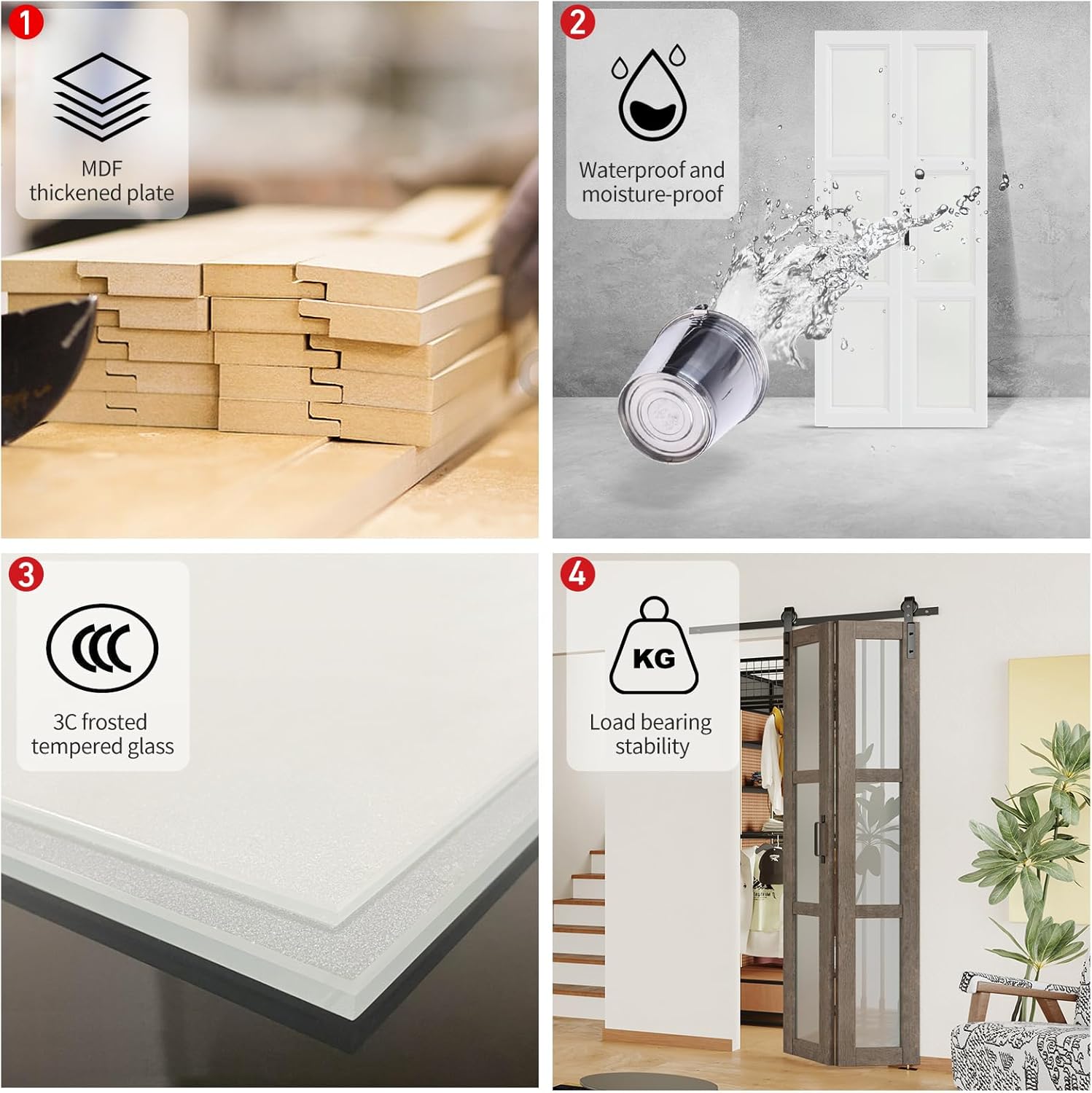 24" x 84" Bifold Barn Door, 3 Lite Frosted Glass with Sliding Hardware Kit Set, One Track for 2 Pre-drilled Holes Door Panels, Easy Assembly, MDF, Gray Brown