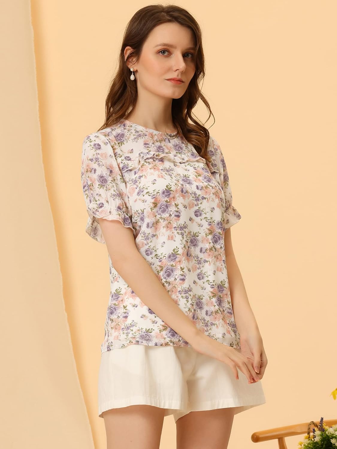 Allegra K Women's Chiffon Floral Short Sleeve Ruffled Trim Blouse Top - Image 2