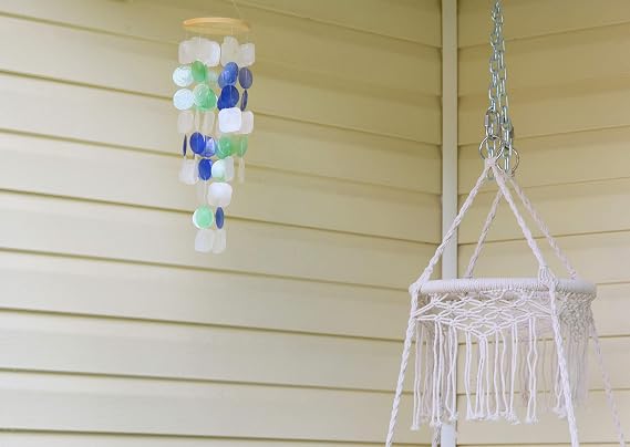 Beachcombers Capiz Sea Shell Decorative Blue and White Wind Chime Tropical Beach Windchime Decor Ocean Decor Decoration Multi