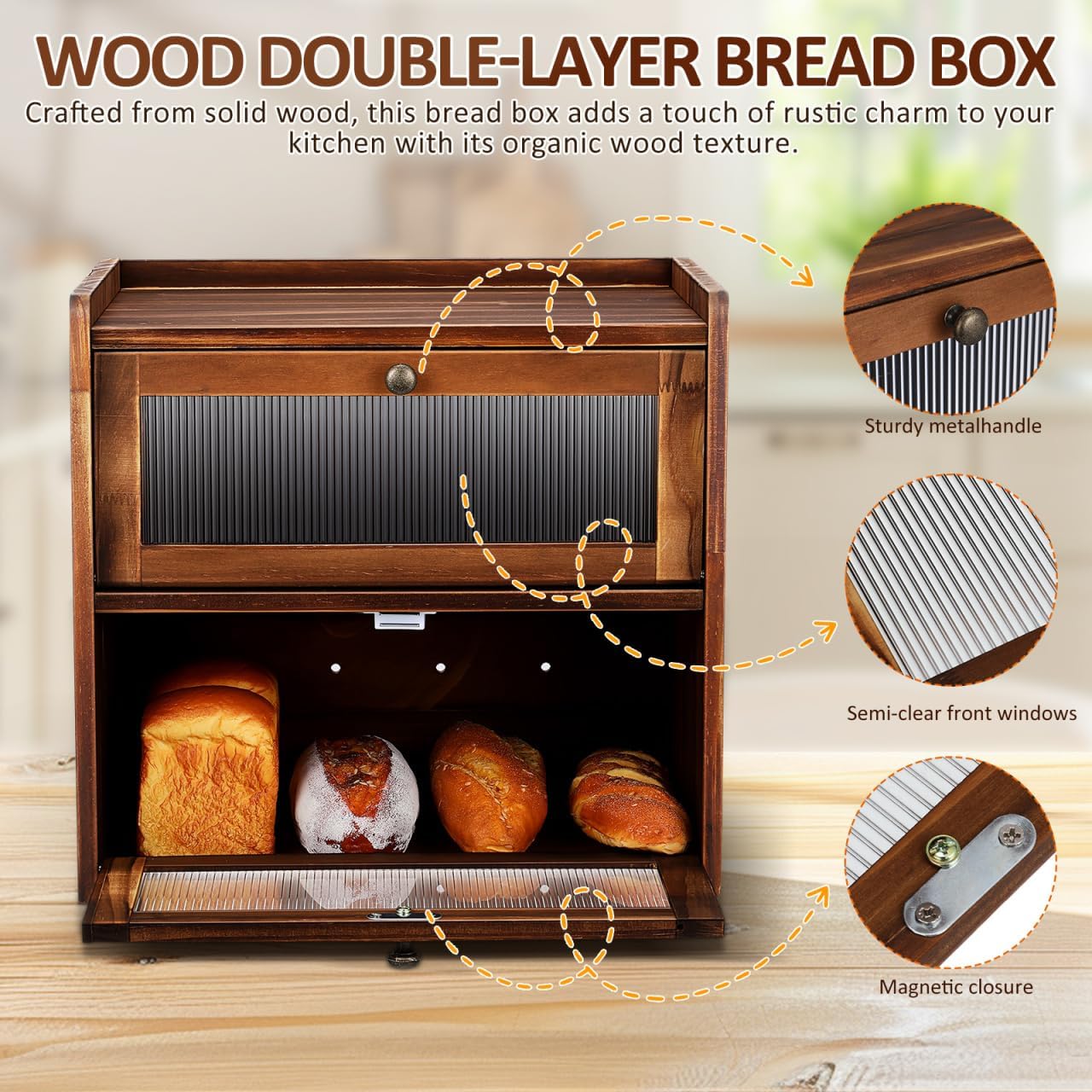 Walnut Wooden Bread Box for Kitchen Countertop Double Layer Bread Storage Container with Acrylic Window Large Capacity Farmhouse Style Keeper