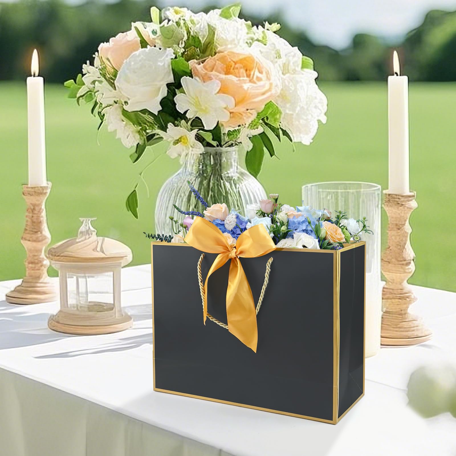 20PCS Black Gift Bags with Handles, 7.5x5.9x2.7Inches Welcome Bag Return Gifts with Handles, Birthday Gift Bags with Ribbon, Greeting Cards for Wedding Baby Shower Bridesmaid Party Gift (Black-Gold)