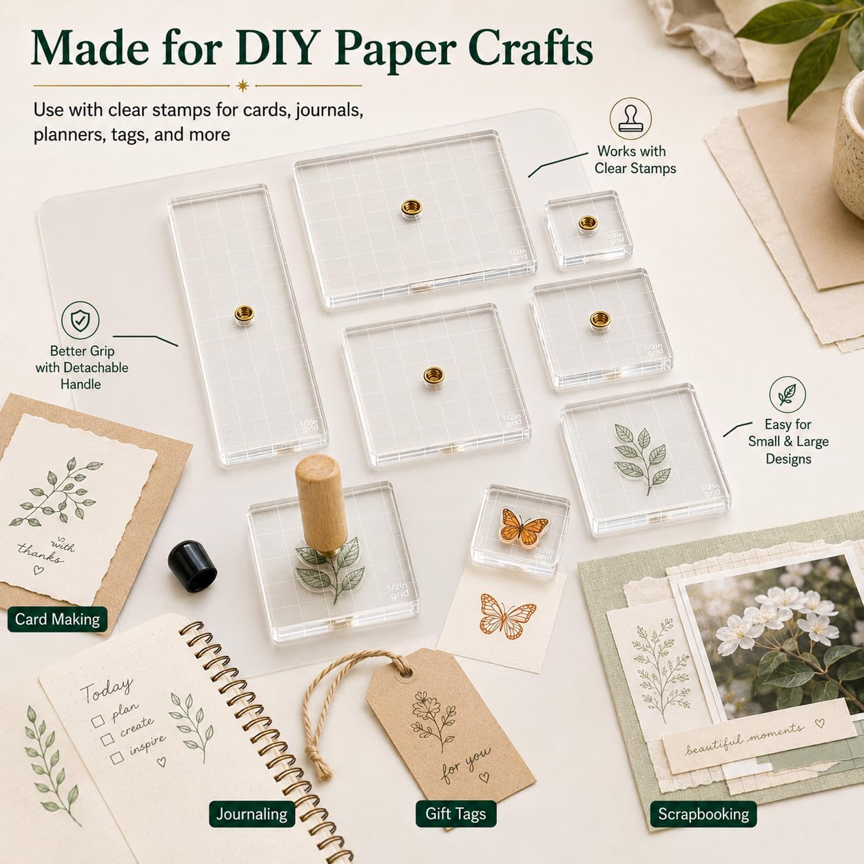 Clear Acrylic Stamp Block Set with Detachable Wooden Handle, 6 Acrylic Stamping Blocks with 1/2in Grid, Silicone Mat & Storage Case for Card Making, Scrapbooking, Journaling