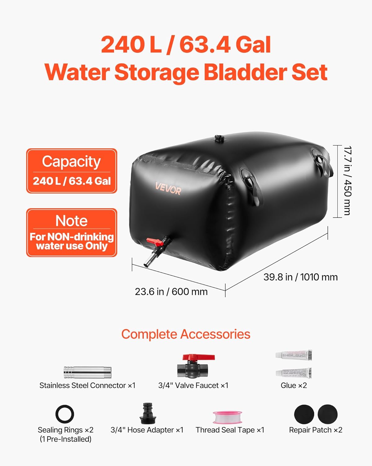 VEVOR Water Storage Bladder, 63.4 Gal Collapsible Water Storage Bag, Wear-Resistant 1000D PVC Soft Waters Bag, Leakproof Camping Tank Containers for Garden Irrigation RV Emergency Use, Black