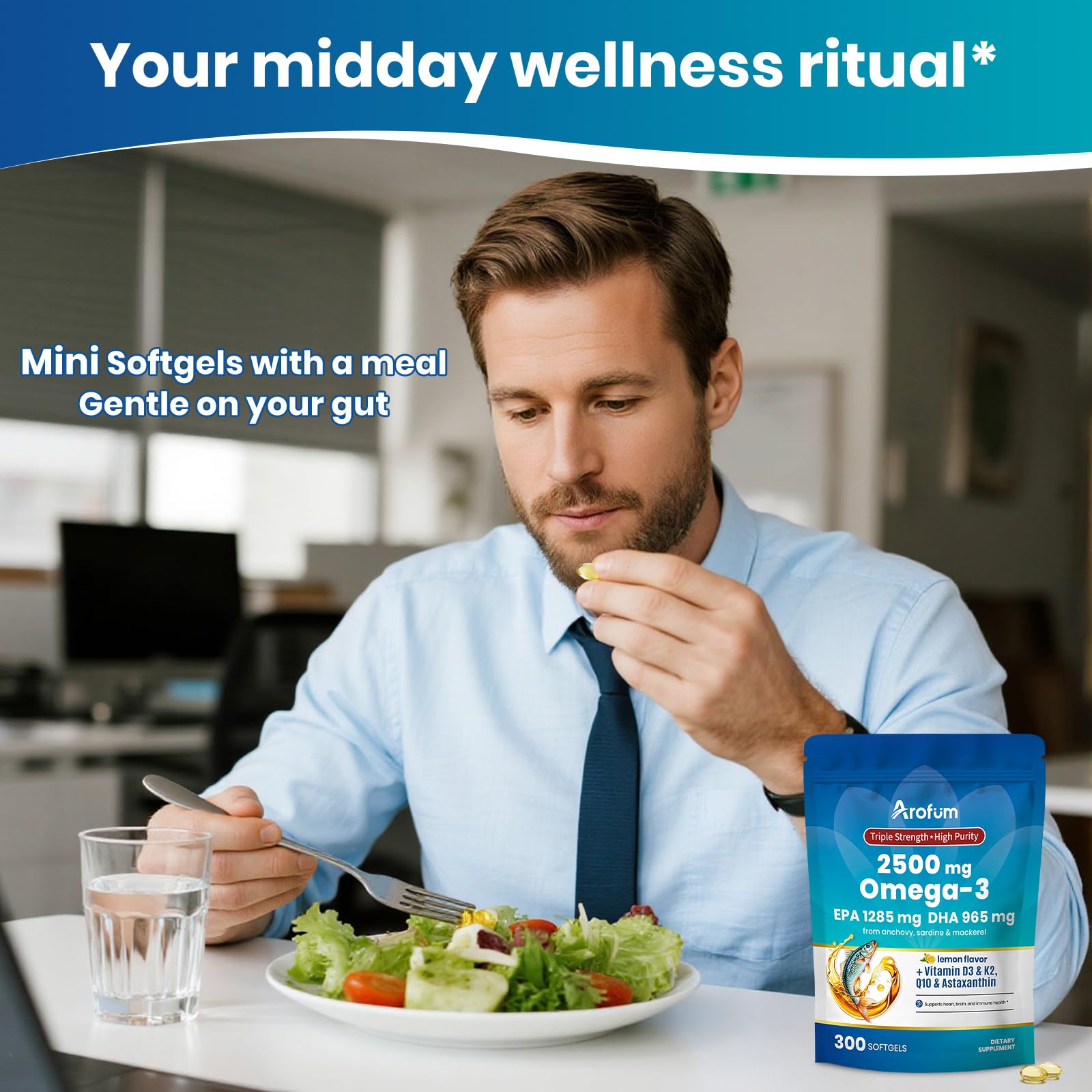 Omega 3 Fish Oil with Vitamin D3 K2 – 300 Lemon Flavored Burpless Softgels | Fish Oil Omega 3 Supplements Support Heart, Brain, Eyes & Immune Health | Gluten-Free, Non-GMO