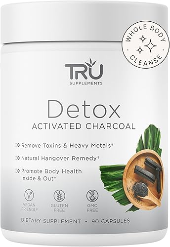 TRU Supplements Cápsulas de limpieza de desintoxicación con carbón activado, limpieza de todo el cuerpo para aliviar la hinchazón y piel clara,