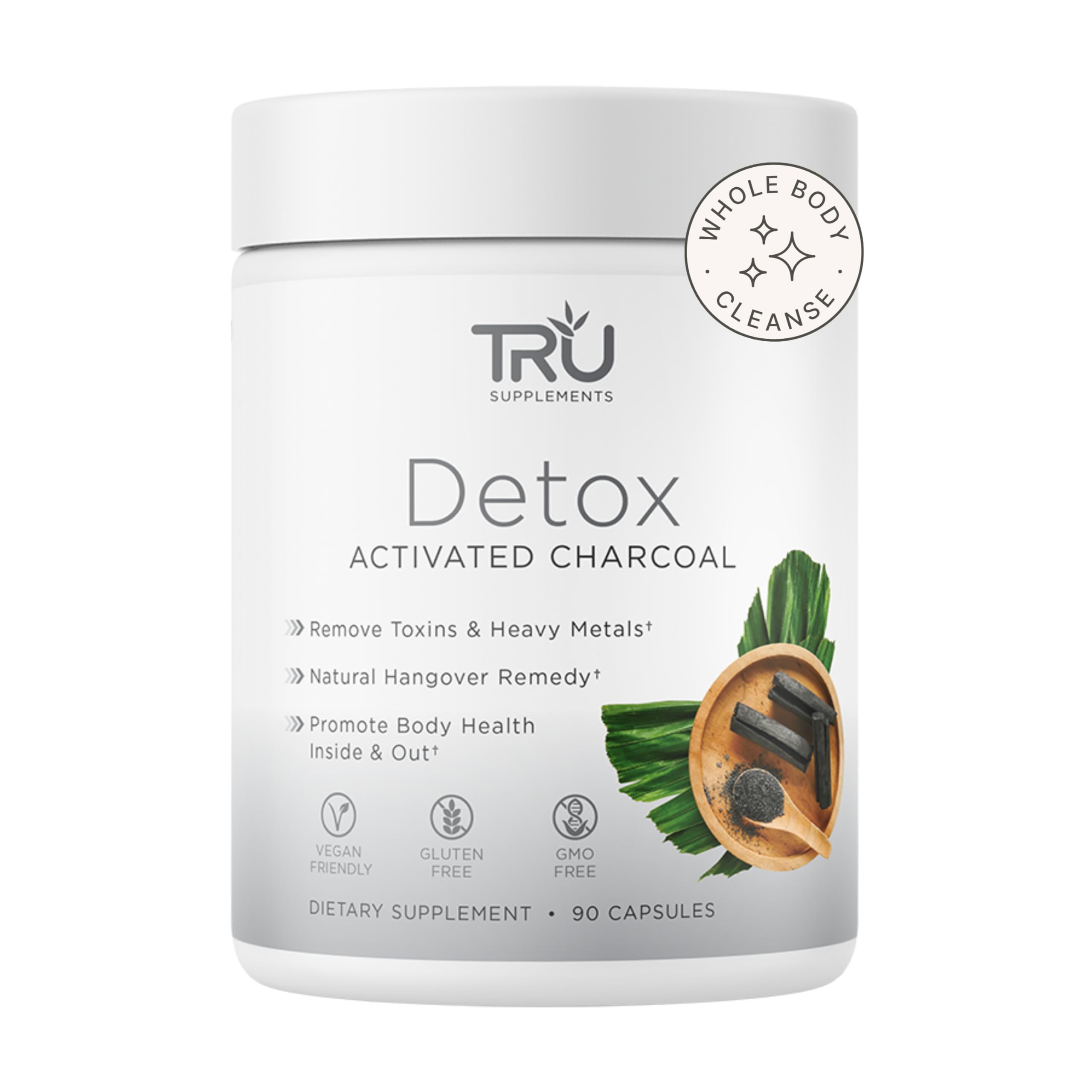 TRU Supplements Detox, Activated Charcoal, Vegan Friendly, Whole Body Natural Detox, Eliminates Bloating, Improve Skin Health, 60 Servings