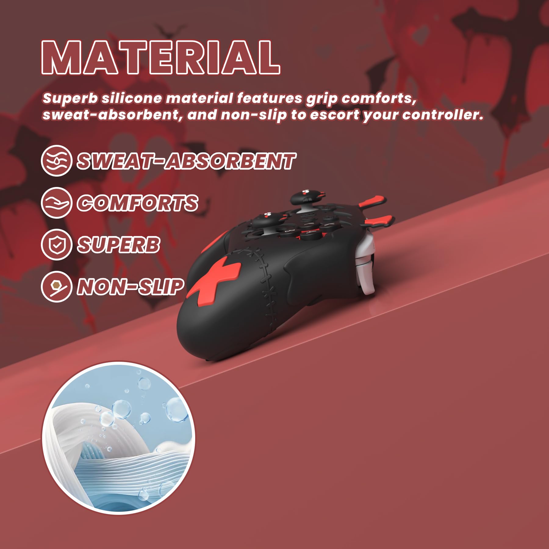 PlayVital Funda de Silicona para Nintendo Switch 2 Pro Mando - Carcasa Protectora con Tapas de Botón Trasero & Thumb Grips & Stickers, Antideslizante y Antigolpes - Diseño Gótico (Negro) - 4