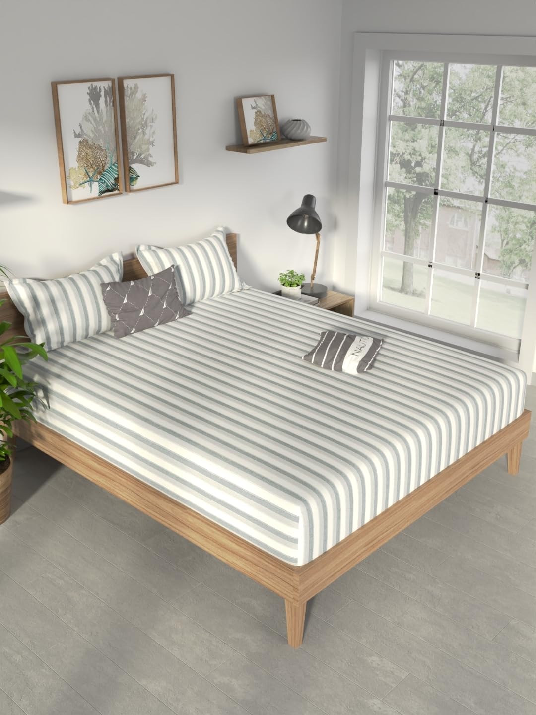 Nautica Cotton King Bedsheet with 2 Pillow Covers -3pc Set (Pacific Coast) | 160TC | Super Soft Touch Stripe-Grey-image-14
